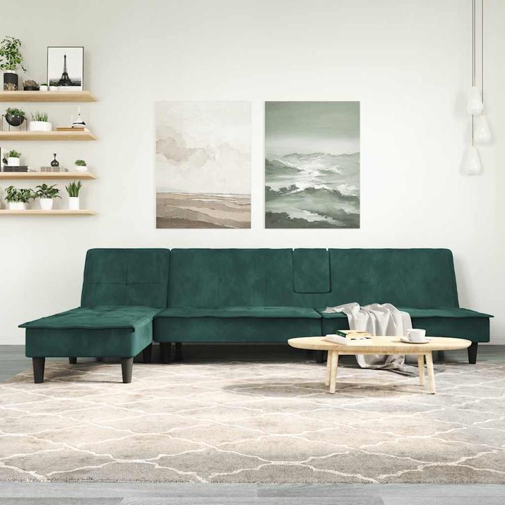 vidaXL Slaapbank L-vormig 255x140x70 cm fluweel donkergroen, Huis en Inrichting, Zetels | Zetels, Nieuw, Verzenden
