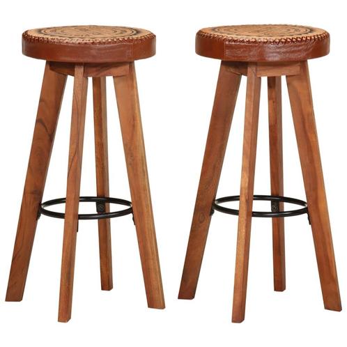 vidaXL Tabourets de bar 2 pcs Cuir véritable et bois, Maison & Meubles, Tabourets de bar, Neuf, Envoi