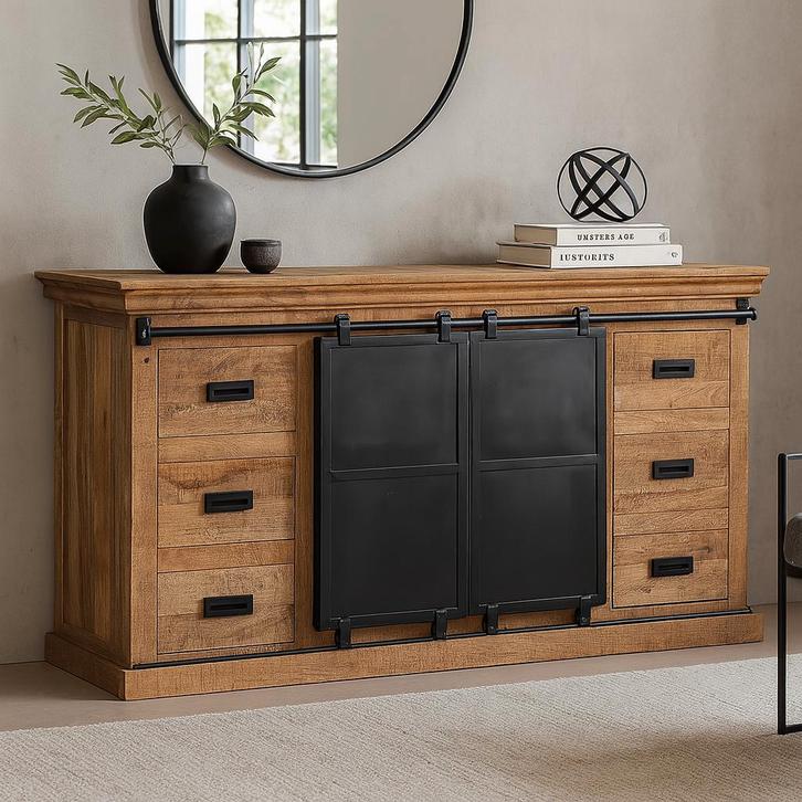 Dressoir Mangohout Milan 220 cm, Huis en Inrichting, Kasten | Dressoirs, 200 cm of meer, 25 tot 50 cm, Nieuw, Overige houtsoorten