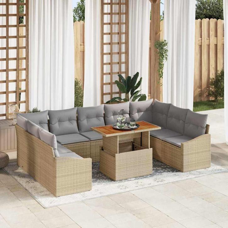 vidaXL Tuin Eettafel Set met kussen met kussen 10 pcs Beige, Tuin en Terras, Tuinsets en Loungesets, Nieuw, Verzenden