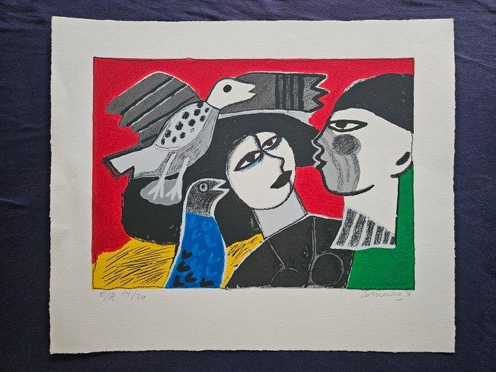 Corneille (1922-2010) - Blauwe vogel met vrouw en man, Antiek en Kunst, Antiek | Overige Antiek