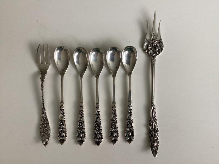 Theelepel - 5 +1 cakeprikker + 1 gebaksvorkje, Zilver, Antiek en Kunst, Antiek | Zilver en Goud