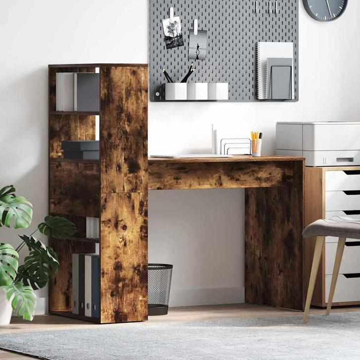vidaXL Bureau met plank Gerookt eiken 113 x 54 x 120 cm, Huis en Inrichting, Bureaus, Nieuw, Verzenden