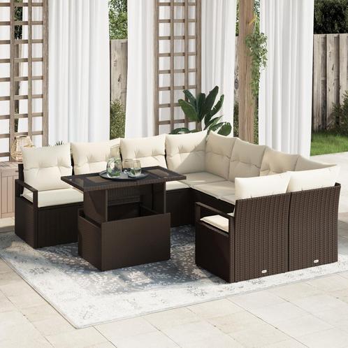 vidaXL 9-delig Ligzetel Set met Kussens Bruin Poly Riet, Tuin en Terras, Tuinsets en Loungesets, Nieuw, Verzenden