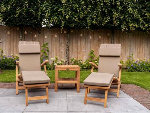 2x Teak ligstoelen met tafel en kussens!, Tuin en Terras, Ligbedden, Inklapbaar, Verstelbaar, Nieuw, Teakhout, Verzenden