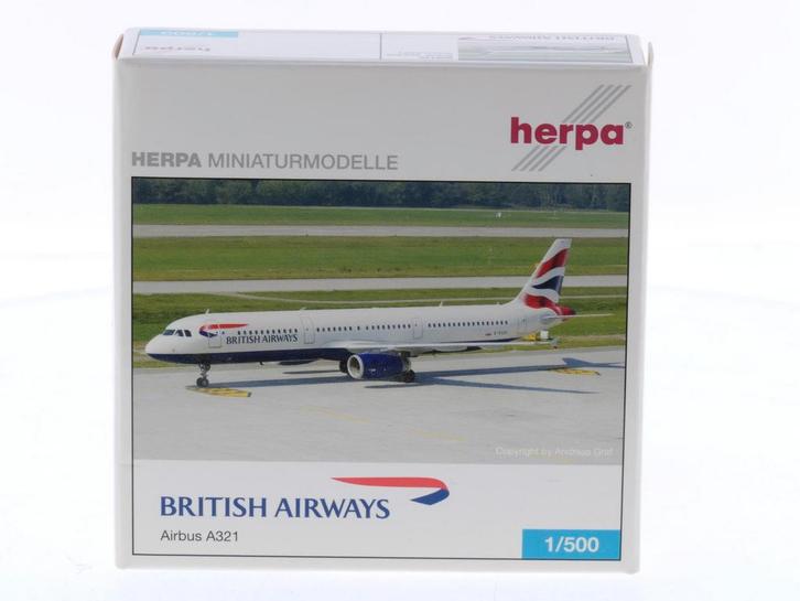Schaal 1:500 Herpa 509145 Airbus A321 British Airways Reg..., Hobby en Vrije tijd, Modelbouw | Vliegtuigen en Helikopters, Zo goed als nieuw