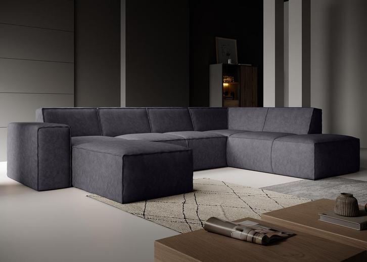 Hoekbank - Zwart - Leer - Links Industrieel | 261x216x80, Huis en Inrichting, Zetels | Complete zithoeken, Nieuw, Verzenden