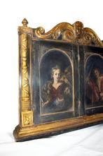 Diptyque ancien en bois peint représentant David et Goliath