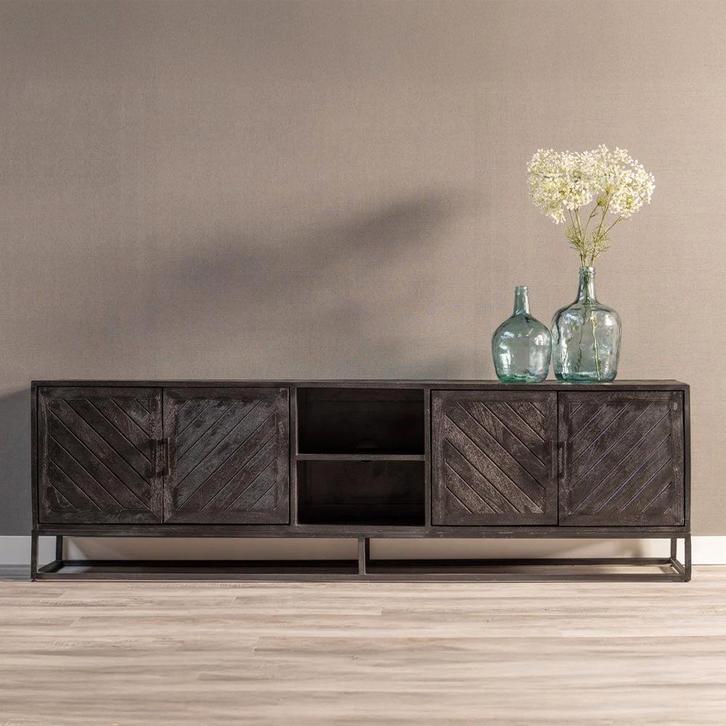 Tv-meubel Mangohout Sabia 200 Zwart, Huis en Inrichting, Kasten |Televisiemeubels, Nieuw, Overige houtsoorten, Verzenden