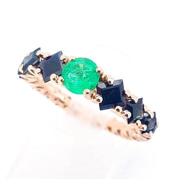 Ring - 14 karaat Roségoud Smaragd - Saffier - Sme 0,60 ct, Handtassen en Accessoires, Ringen, Nieuw