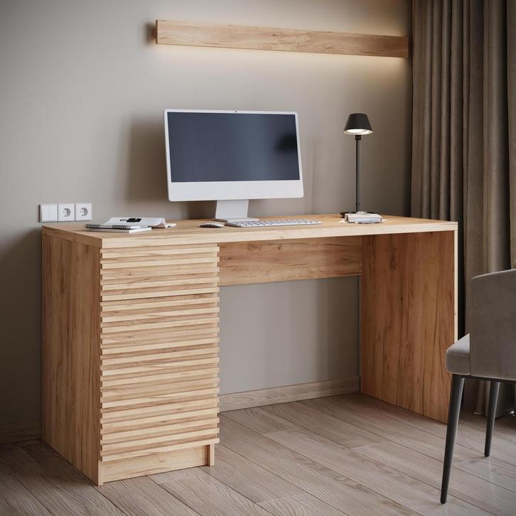 Meubella bureau eiken 140 cm | 4 lades | Met kabeldoorvoer, Huis en Inrichting, Bureaus, Nieuw, Verzenden