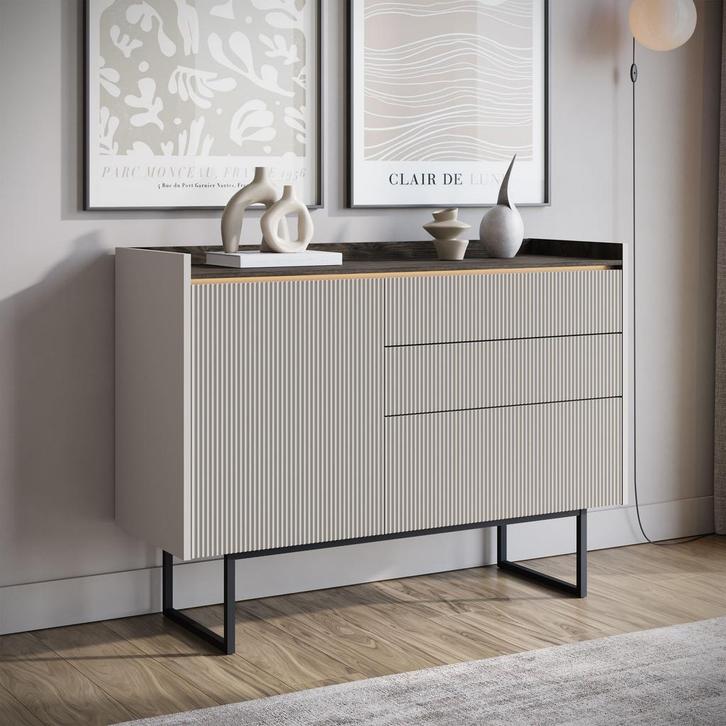 Meubella | Dressoir beige 98cm 4 deuren Opbergkast met led, Huis en Inrichting, Kasten | Dressoirs, 25 tot 50 cm, Nieuw, 100 tot 150 cm