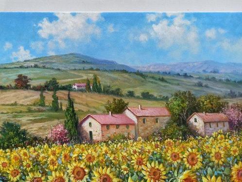 Raimondo Pacini (1974) - Tuscany landscape - Sunflowers &, Antiek en Kunst, Kunst | Schilderijen | Klassiek