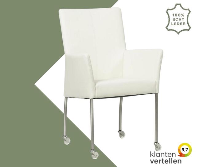 Leren eetkamerstoel Comfort met wieltjes en armleuning -, Huis en Inrichting, Stoelen, Wit, Eén, Nieuw, Leer, Ophalen of Verzenden