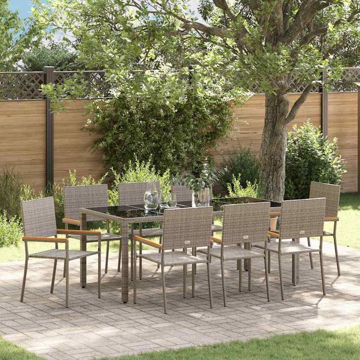 vidaXL Tuin Eettafel Set 9 pcs Grijs poly rattan, Tuin en Terras, Tuinstoelen, Nieuw, Verzenden