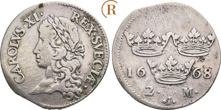 2 Mark 1668 Schweden: Koenig Karl Xi, 1660-1697:, Postzegels en Munten, Munten | Europa | Niet-Euromunten, België, Verzenden