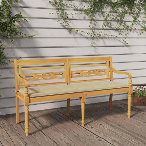 vidaXL Bankje Batavia met beige kussen 150 cm massief, Tuin en Terras, Tuinsets en Loungesets, Nieuw, Verzenden