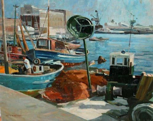 Pascual Fresquet Almurín (1930) - Vista portuaria, Antiek en Kunst, Kunst | Schilderijen | Klassiek