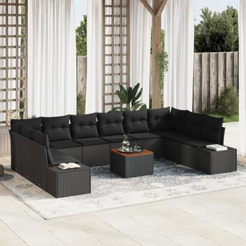 vidaXL Tuinbank Set 11 pcs Zwart Riet, Polyester Stof, Verzenden