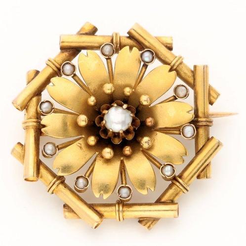 18 carats Or - Broche - perle, Handtassen en Accessoires, Antieke sieraden