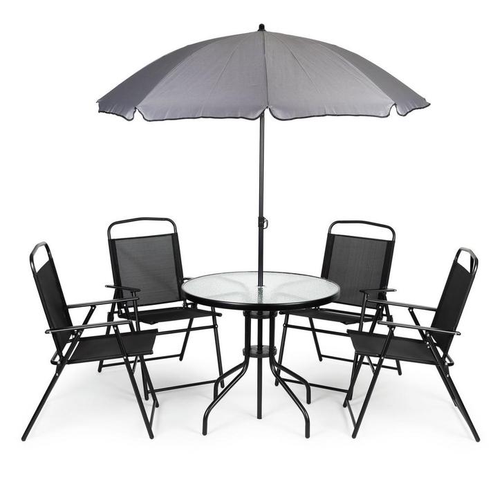 Tuinset met ronde tafel, 4 klapstoelen en parasol – zwart, Tuin en Terras, Tuinsets en Loungesets, Nieuw, Ophalen of Verzenden