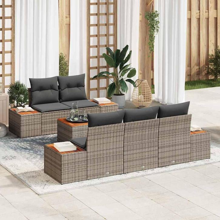 vidaXL Tuinbank Set met kussen 6 pcs Grijs Poly rattan, Tuin en Terras, Tuinsets en Loungesets, Nieuw, Verzenden