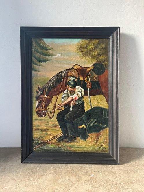 European school XXe - Cheval avec soldat blessé, Antiek en Kunst, Kunst | Schilderijen | Klassiek