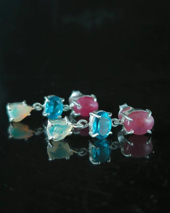 Gemengde edelstenen - Zilver - Oorbellen - Aguamarina, Rubí,, Verzamelen, Mineralen en Fossielen