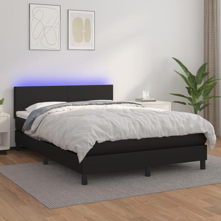 vidaXL Boxspring met matras en LED kunstleer zwart 140x200, Maison & Meubles, Chambre à coucher | Lits, Envoi