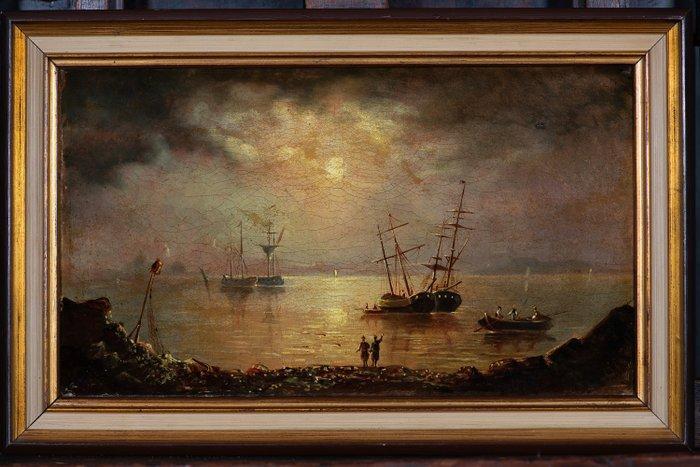 Hollandse School (XVIII) - Schepen in Nachtelijke Baai (NO, Antiek en Kunst, Kunst | Schilderijen | Klassiek