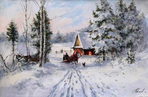Mikhail Kraiev (1957) - Au Coeur de lHiver - Retour au, Antiek en Kunst, Kunst | Schilderijen | Klassiek