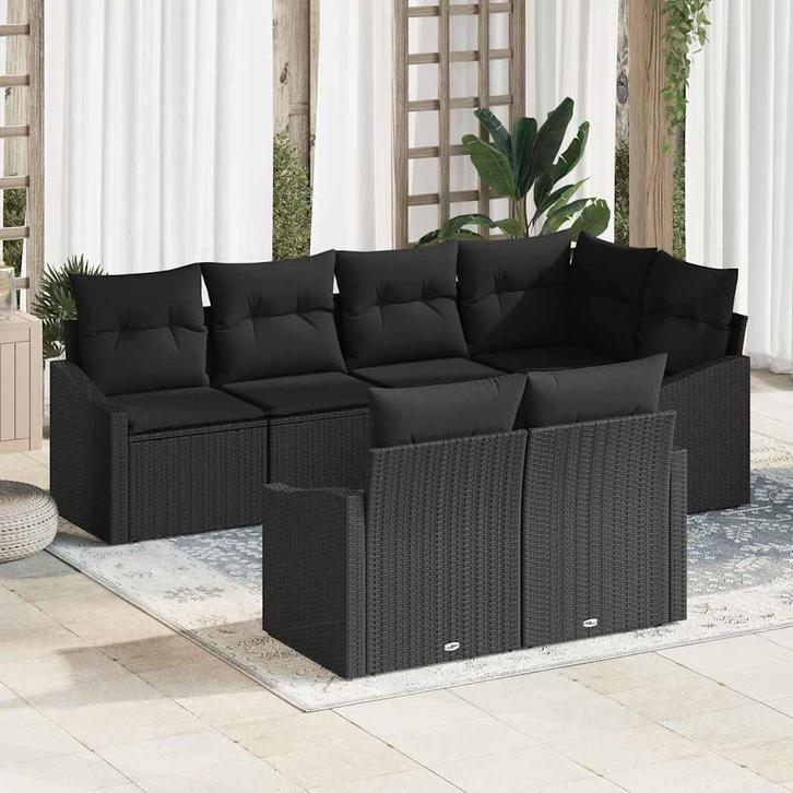 vidaXL Tuin Eettafel Set 7 pcs Zwart Poly Rattan en, Tuin en Terras, Tuinsets en Loungesets, Nieuw, Verzenden
