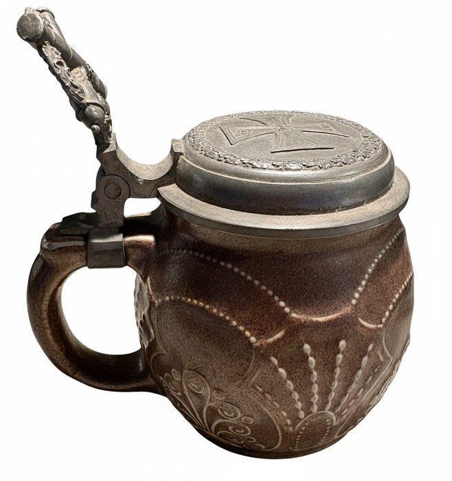 Beker - Aardewerk, Tin - Duitse WOI bierpul, Antiquités & Art, Antiquités | Verre & Cristal