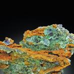 Groene fluoriet met paarse phantoms en fluorescerende, Verzamelen, Mineralen en Fossielen