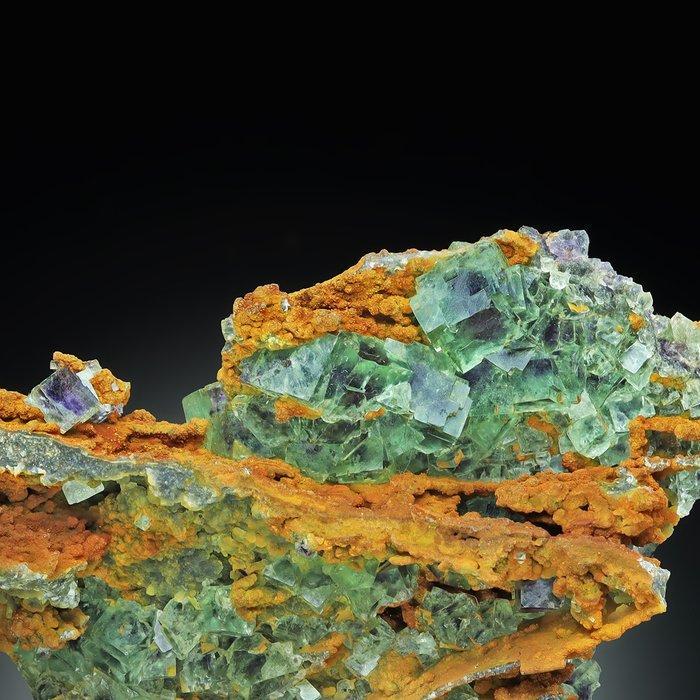 Groene fluoriet met paarse phantoms en fluorescerende, Verzamelen, Mineralen en Fossielen