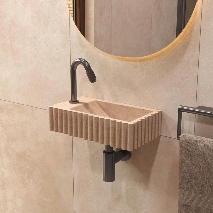 Salenzi Travertin Light Fontein 40x22cm Links Geribbeld, Doe-het-zelf en Bouw, Sanitair, Overige typen, Nieuw, Ophalen of Verzenden