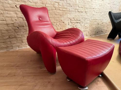 Leolux Balou rood lederen fauteuil met poef, Maison & Meubles, Fauteuils