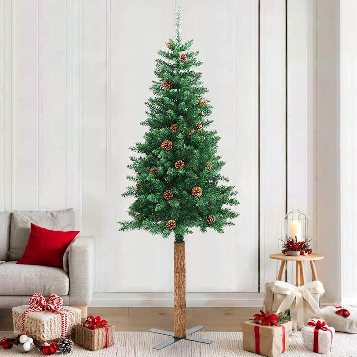 vidaXL Kerstboom met echt hout en dennenappels smal 210 cm, Diversen, Kerst, Nieuw, Verzenden