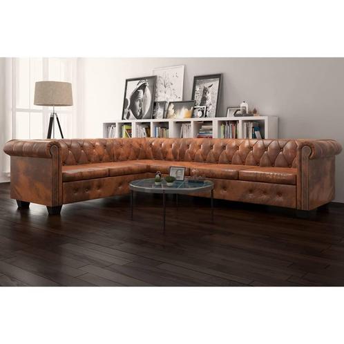 vidaXL Chesterfield hoekbank 6-zits kunstleer bruin, Maison & Meubles, Canapés | Salons, Envoi