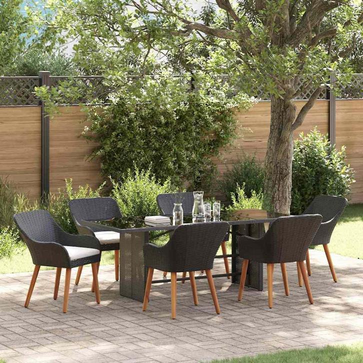 vidaXL Tuin Eettafel Set met kussen 7 pcs Zwart poly rattan, Tuin en Terras, Tuinsets en Loungesets, Nieuw, Verzenden