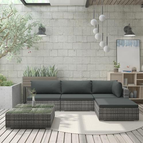 vidaXL 5-delige Loungeset met kussens poly rattan grijs, Tuin en Terras, Tuinsets en Loungesets, Loungeset, Nieuw, Verzenden