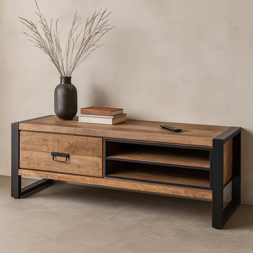 Tv-meubel Mangohout Kelvin 130 cm, Huis en Inrichting, Kasten |Televisiemeubels, 25 tot 50 cm, Nieuw, Overige houtsoorten, Minder dan 100 cm