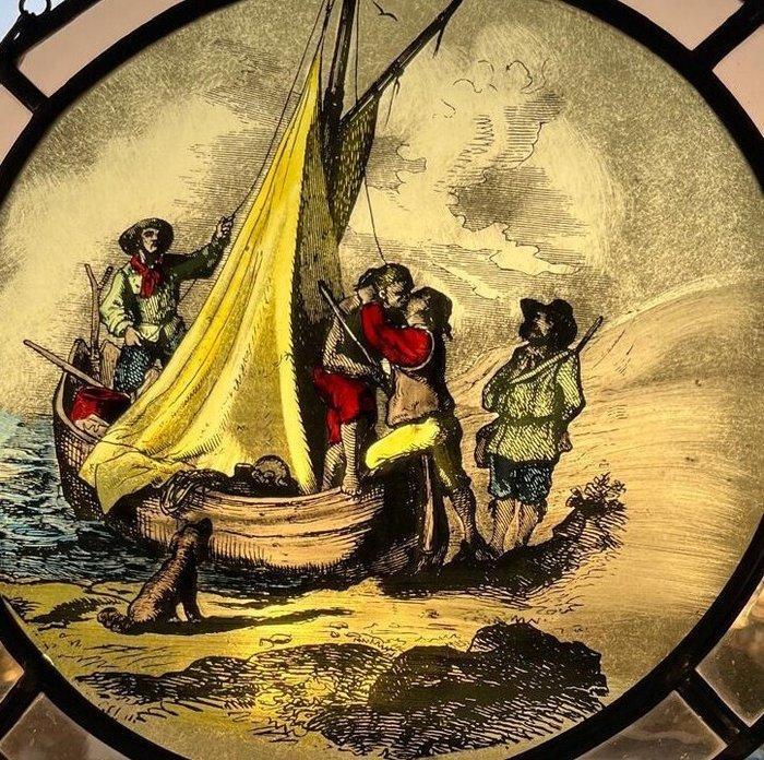 Glas-in-loodraam - Voorstelling Robinson Crusoe - 1960-1970,, Antiek en Kunst, Curiosa en Brocante