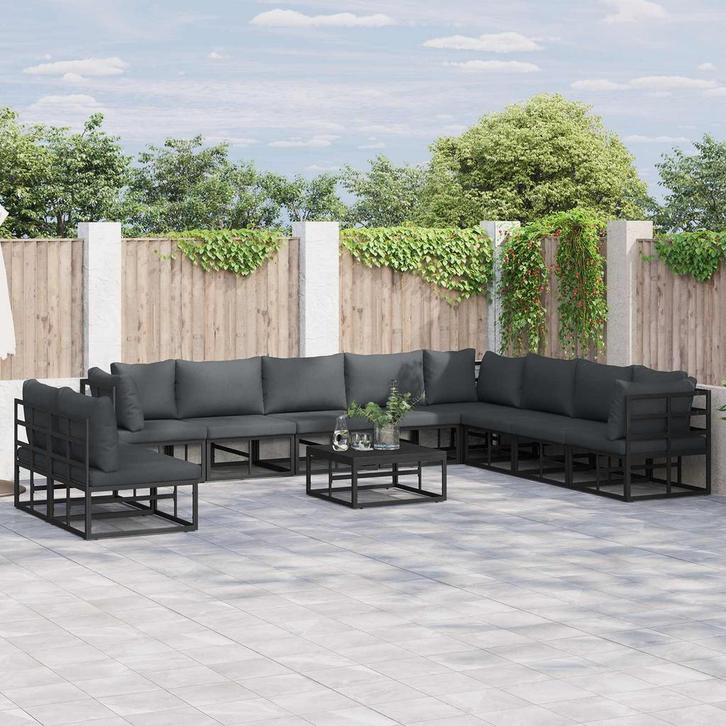 vidaXL Tuinbank Set met kussen 11 pcs Zwart Aluminium, Tuin en Terras, Tuinsets en Loungesets, Nieuw, Verzenden
