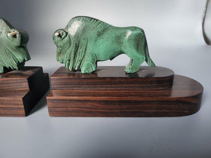 Bal - Boekensteunen (2) - Bisons - Brons, Ebbenhout, Antiquités & Art, Art | Objets design