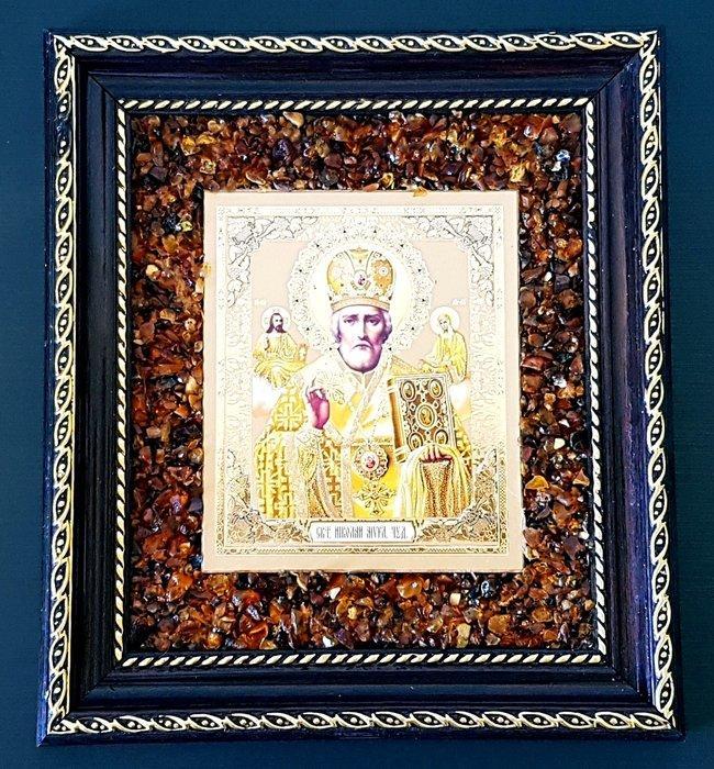 Barnsteen - Unique Amber picture icon Wall decoration - Home, Antiek en Kunst, Antiek | Boeken en Manuscripten