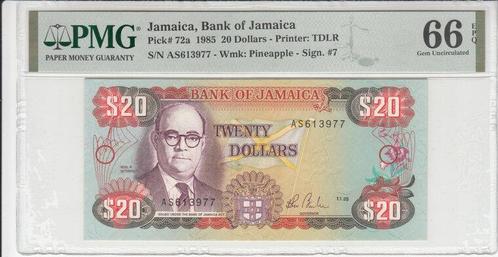 1985 Jamaica P 72a 20 Dollars Pmg 66 Epq, Timbres & Monnaies, Billets de banque | Europe | Billets non-euro, Envoi