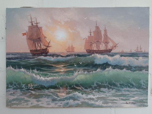 Vitalii Karpenko (1963) - Seascape with ships, Antiek en Kunst, Kunst | Schilderijen | Klassiek