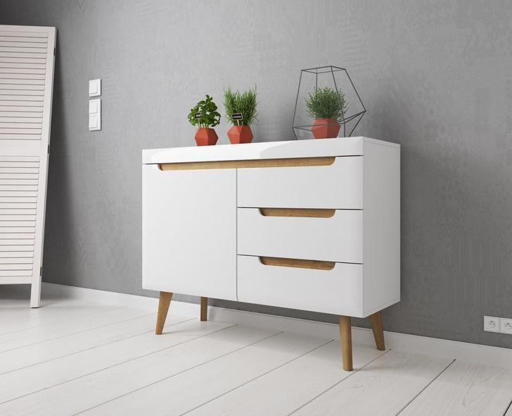 Dressoir Nebraska - Wit - Eiken - 107 cm, Huis en Inrichting, Kasten | Dressoirs, 25 tot 50 cm, Nieuw, 100 tot 150 cm, Verzenden