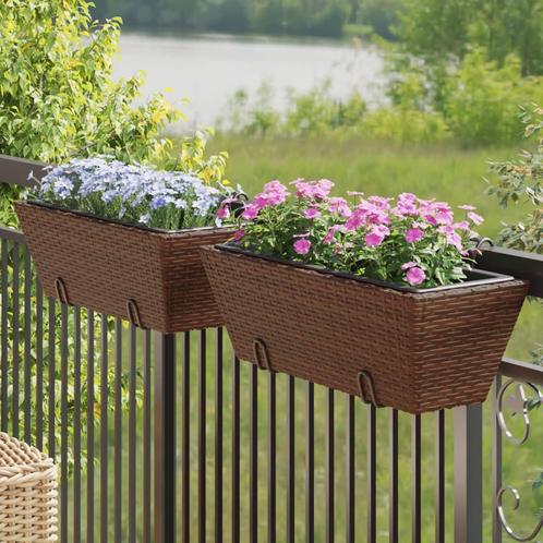 vidaXL Plantenbakken 2 st met haken poly rattan bruin, Tuin en Terras, Bloempotten, Nieuw, Verzenden